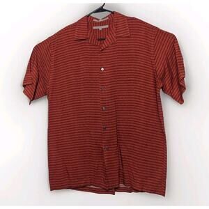 Perry Ellis Button Up Shirt Stretch Fit Mens Short Sleeve Orange Striped Rayon M